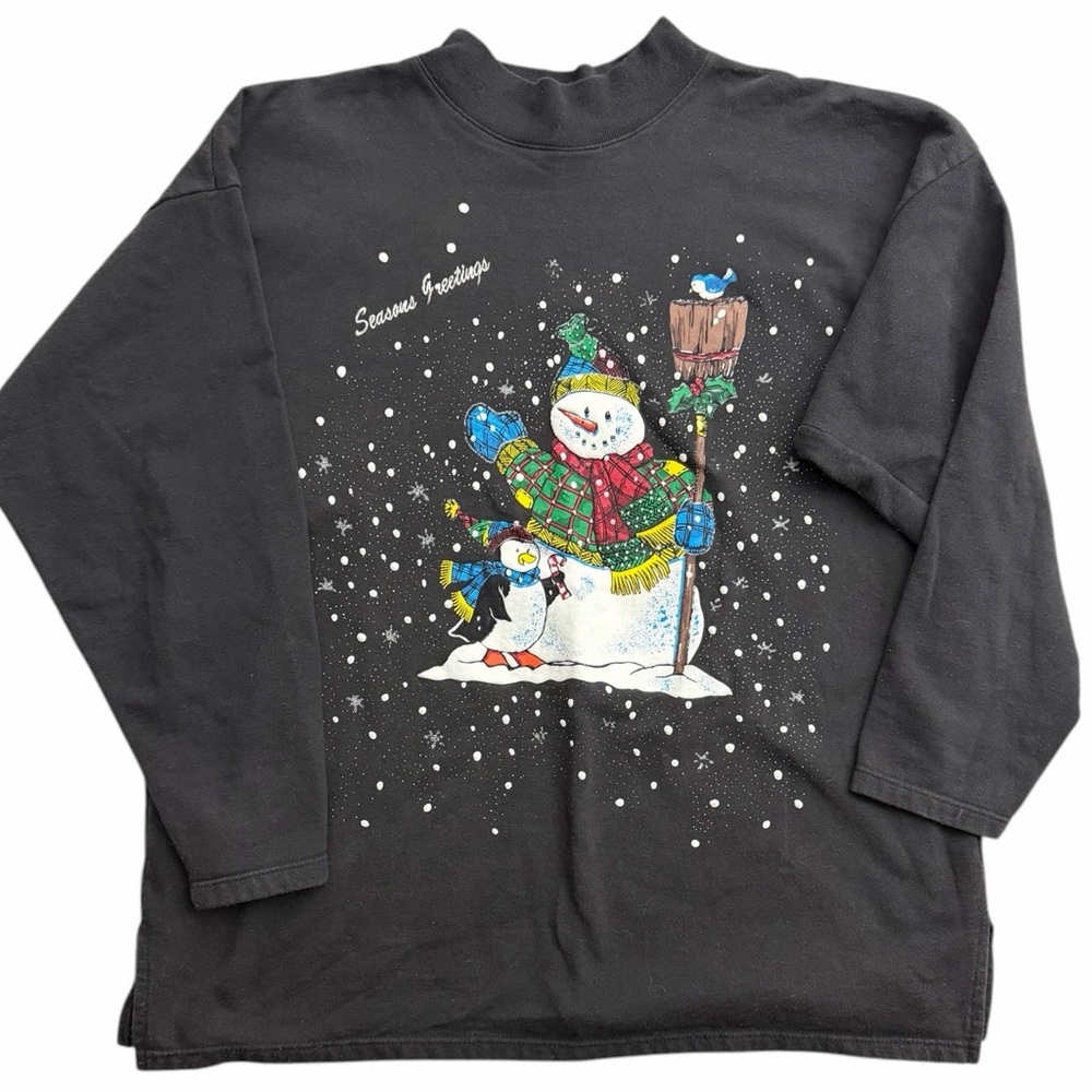 Vintage Holiday Time Snowman & Penguin Christmas‎ Sweatshirt Black Men’s Large